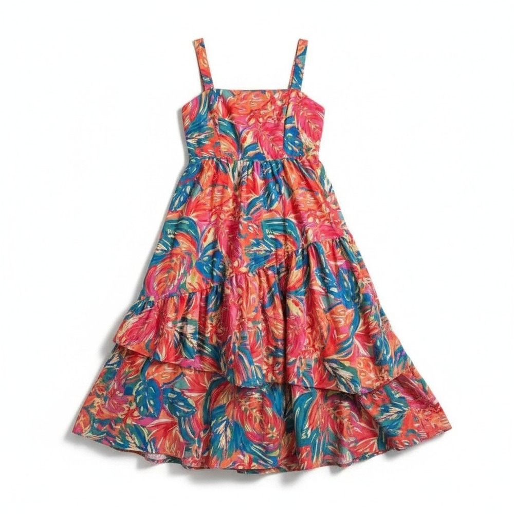 Flying Tomato Tropical Leaf Print Tiered Ruffle Midi Dress ID20957 Orange Blue M